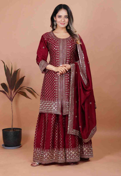 Elegant Embroidered Chinon Sharara Set with Dupatta