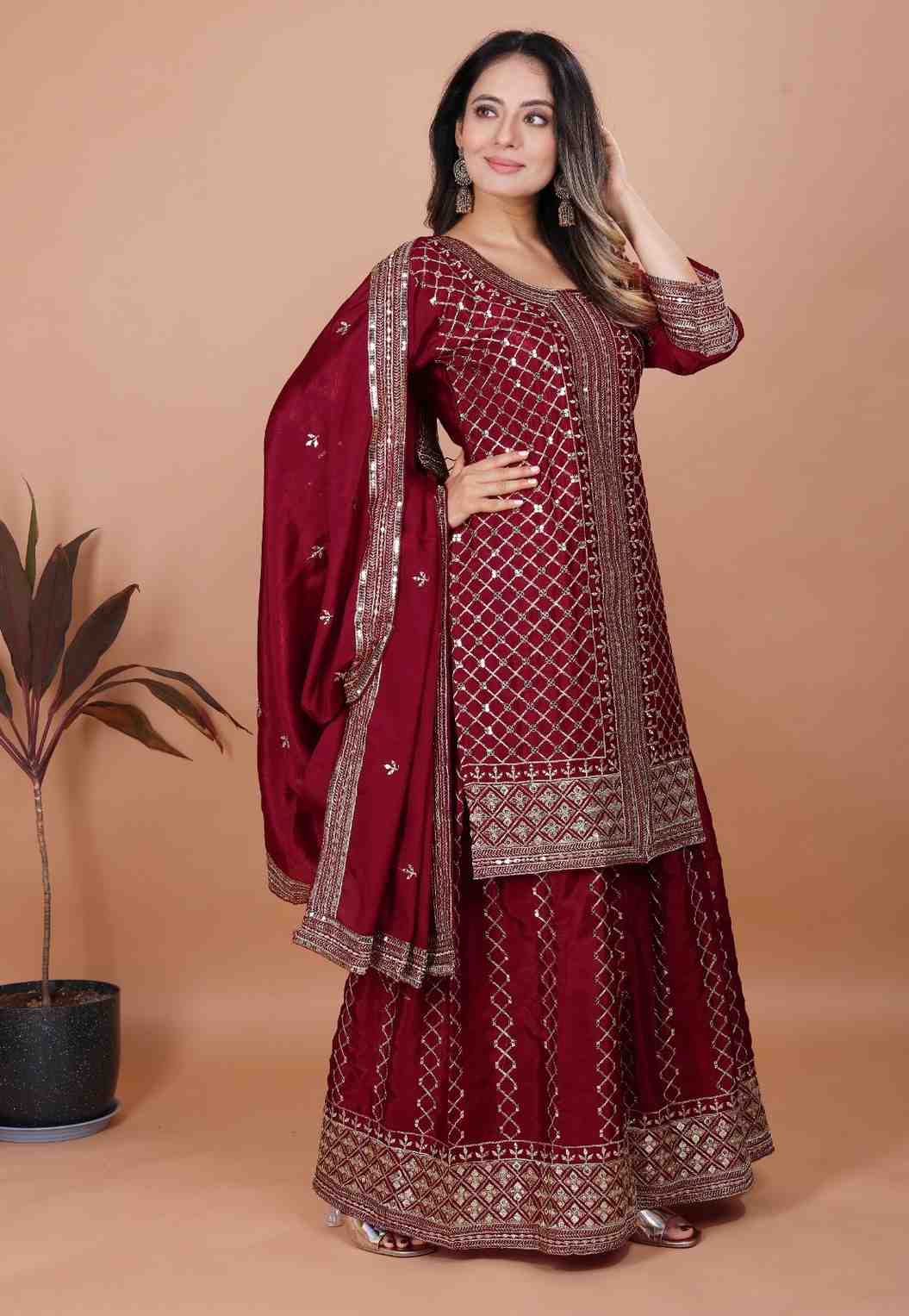 Elegant Embroidered Chinon Sharara Set with Dupatta