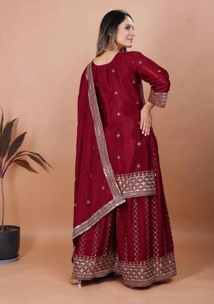 Elegant Embroidered Chinon Sharara Set with Dupatta