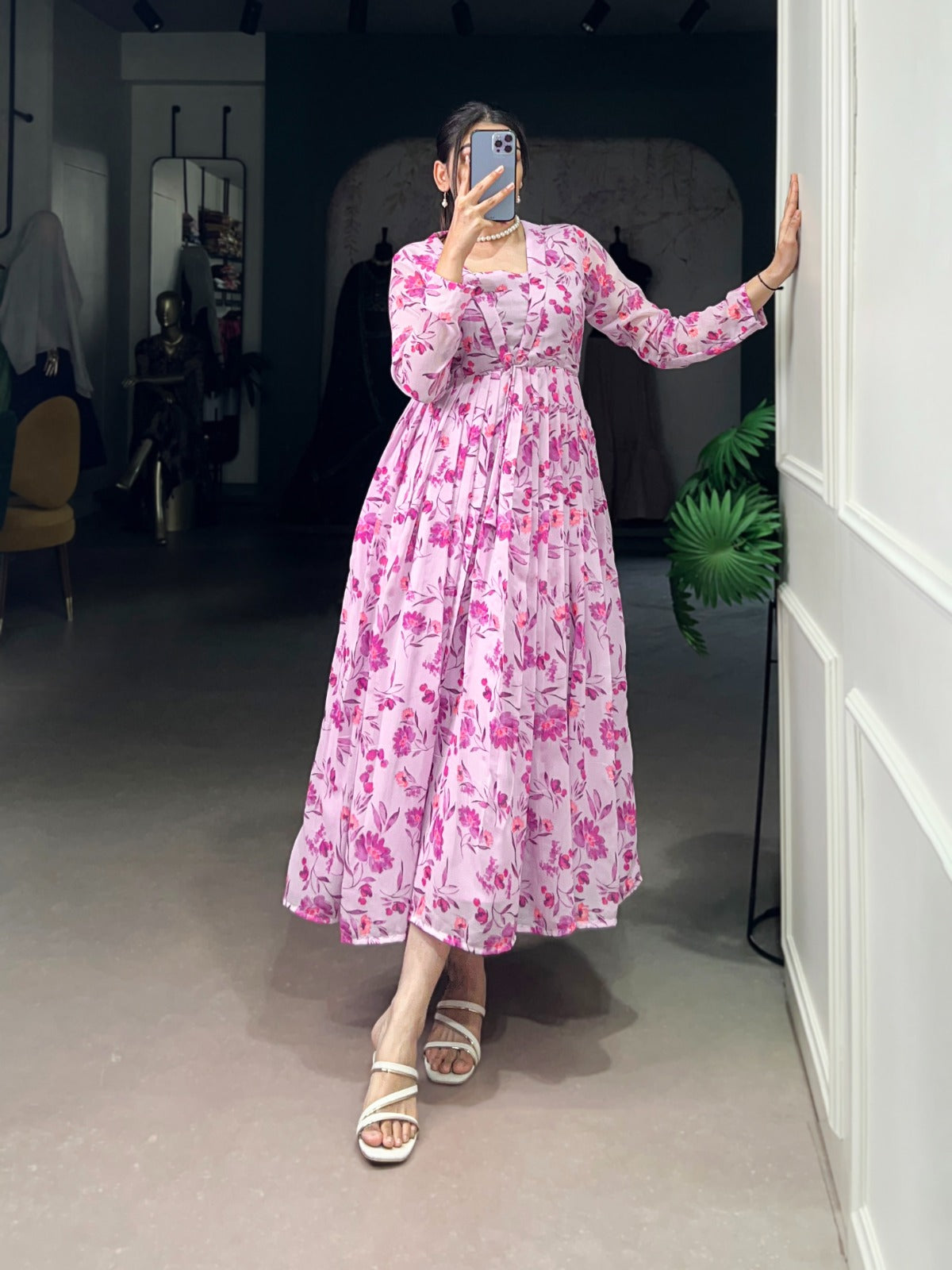 Elegant Pink Floral Anarkali Dress for Women