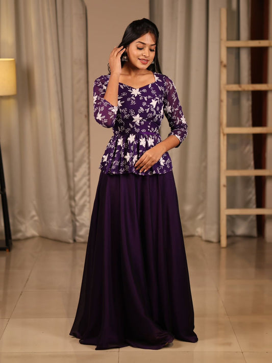 Elegant Purple Peplum Top with Flowy Skirt for Parties