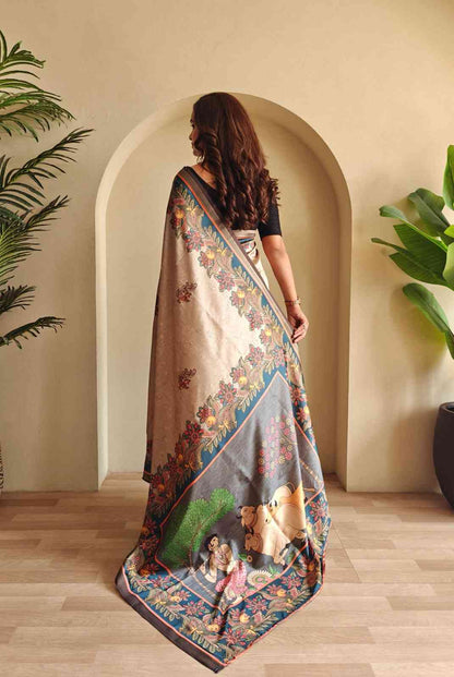 Elegant Soft Silk Saree with Kalamkari Fusion Print