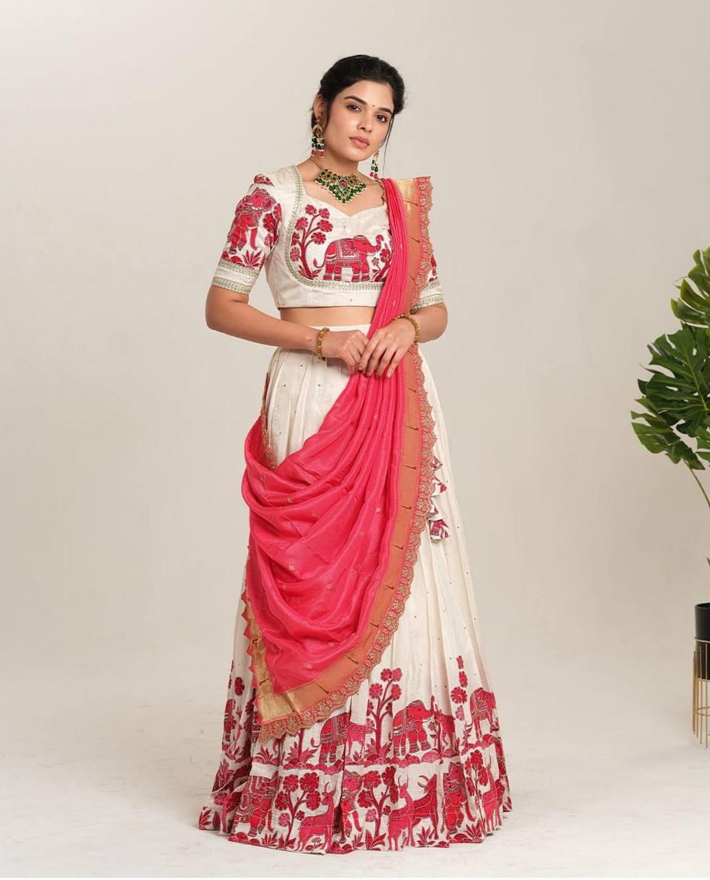 Elephant Embroidered Lehenga with Contrast Dupatta