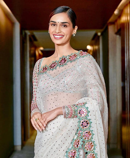 Embellished Net Saree with Mirror and Thread Work