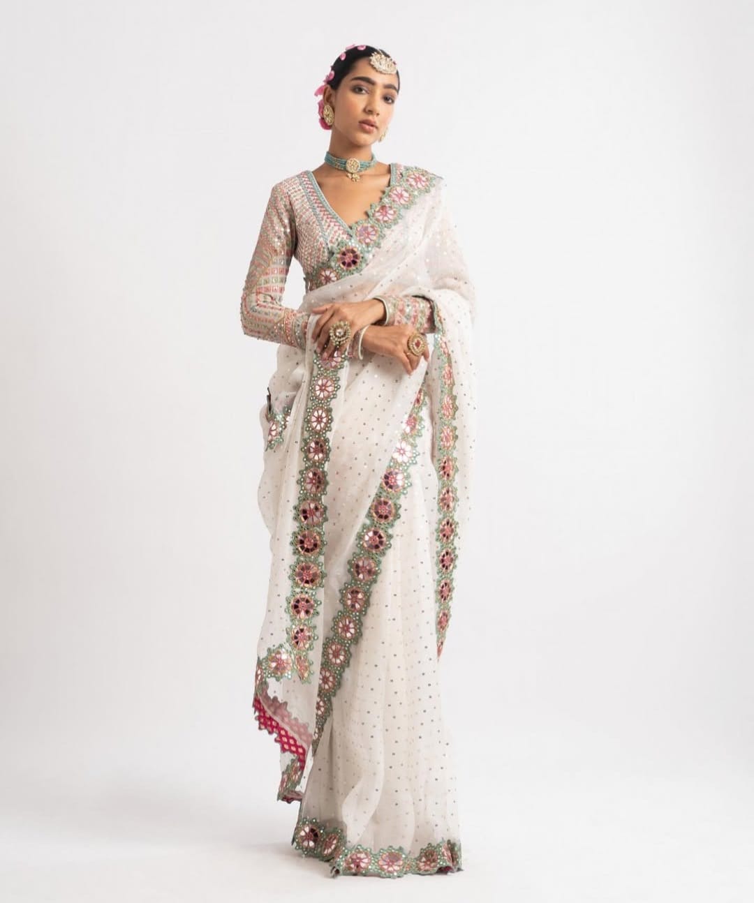 Embellished Net Saree with Mirror and Thread Work