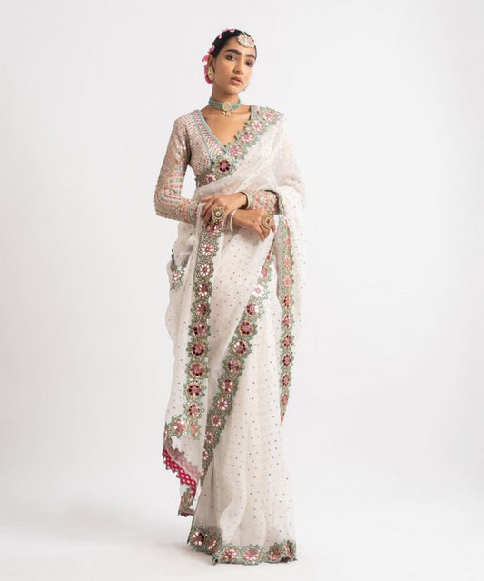 Embellished Net Saree with Mirror and Thread Work