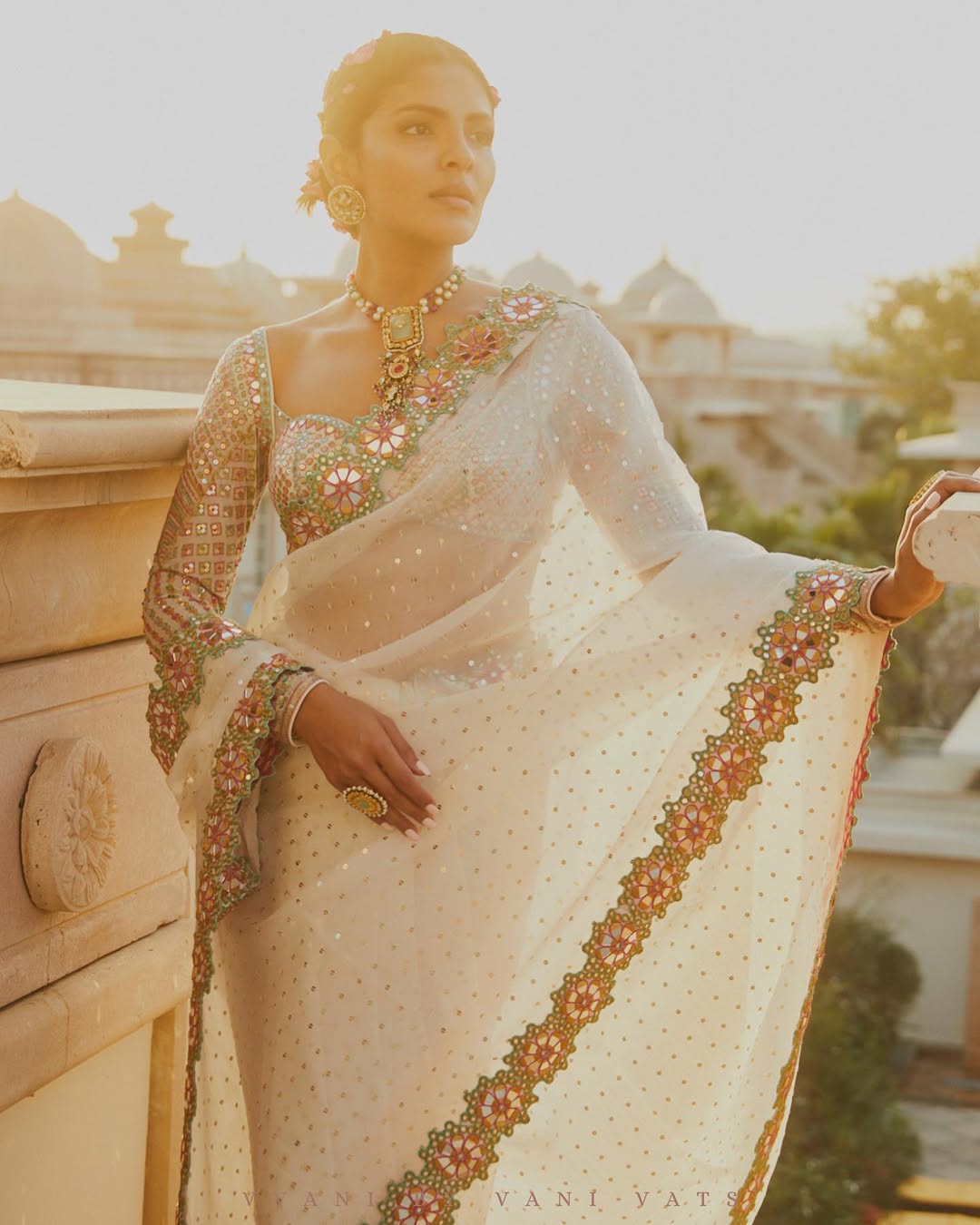 Embellished Net Saree with Mirror and Thread Work