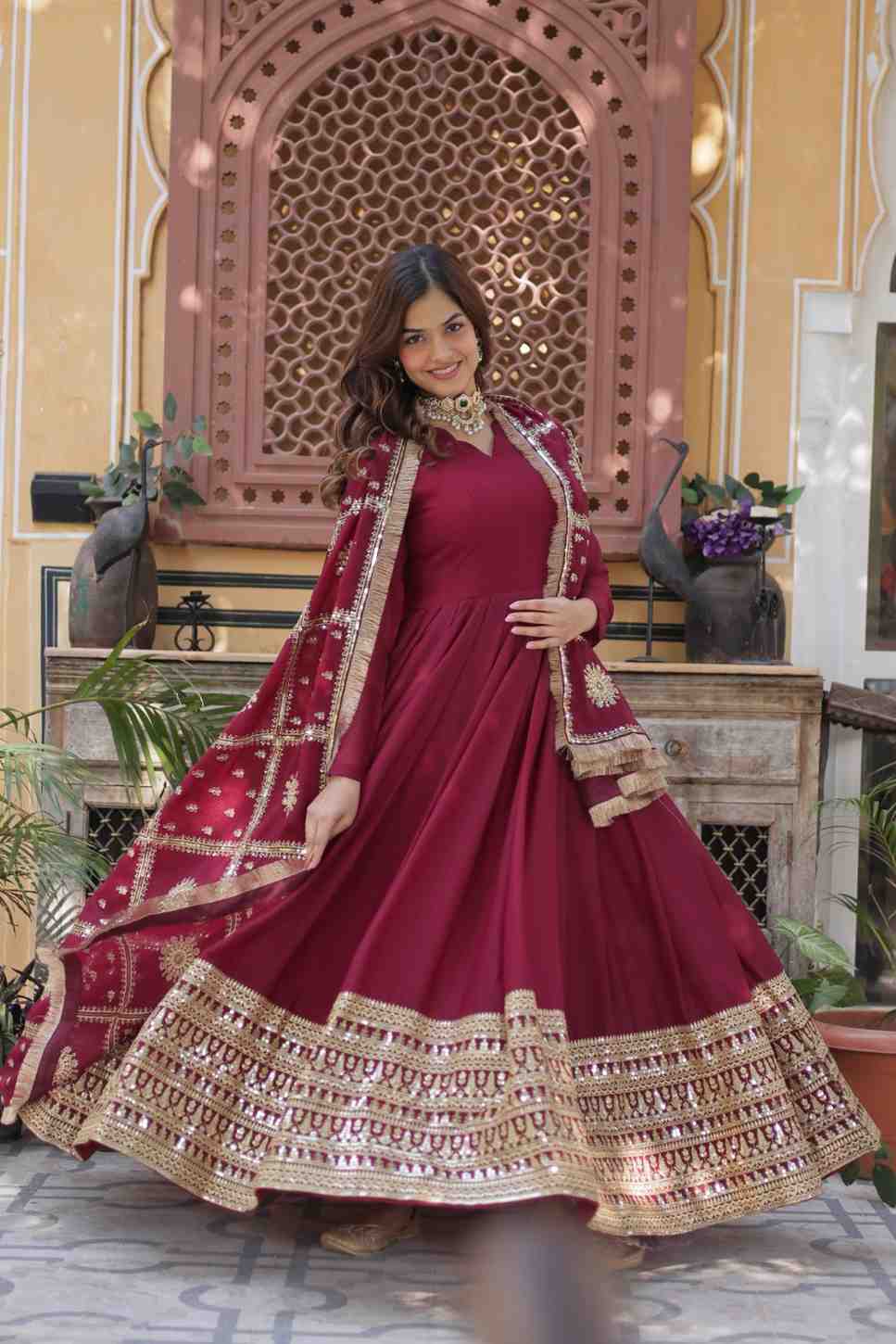 Embroidered Anarkali Dress with Mirror Work Dupatta