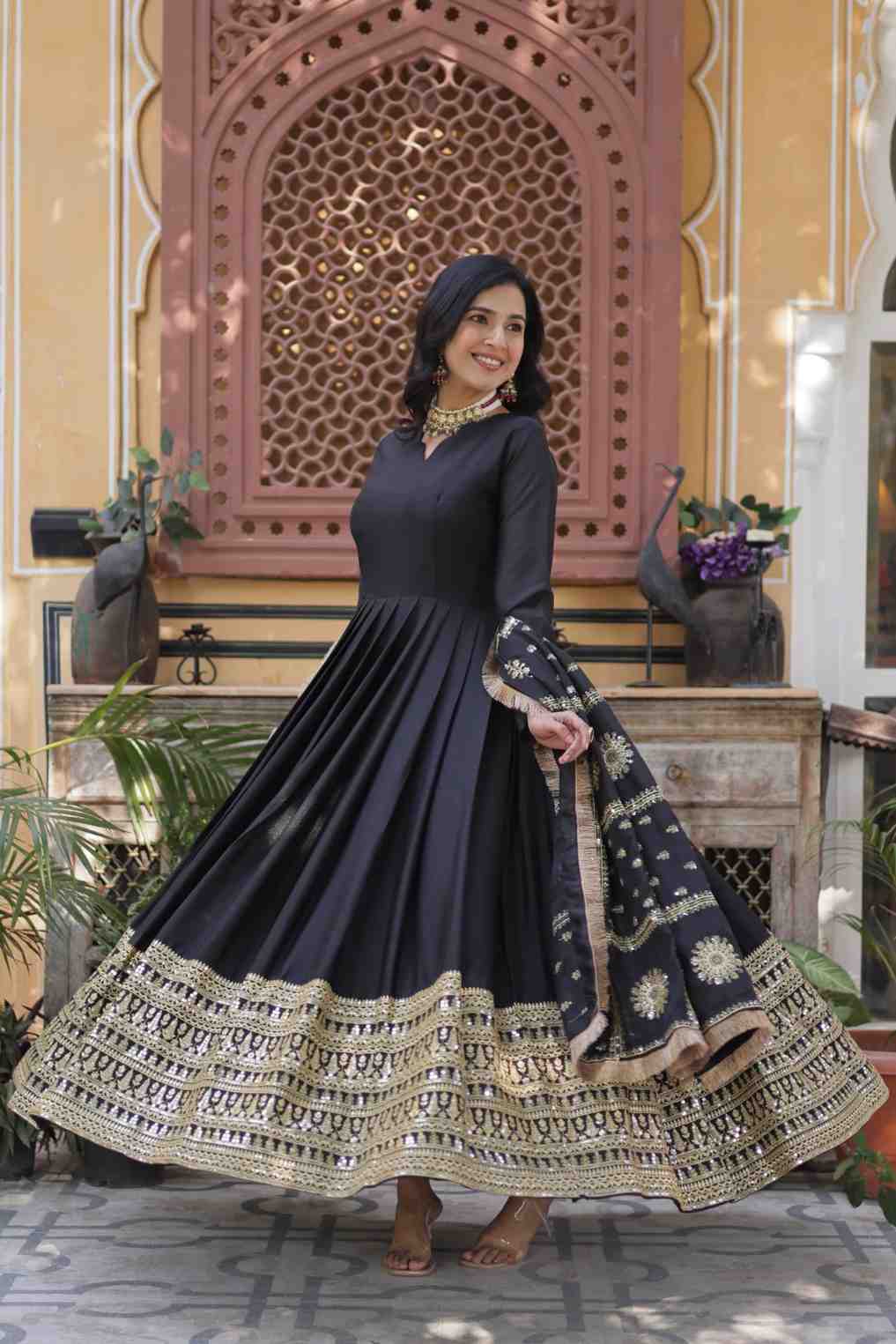 Embroidered Anarkali Dress with Mirror Work Dupatta