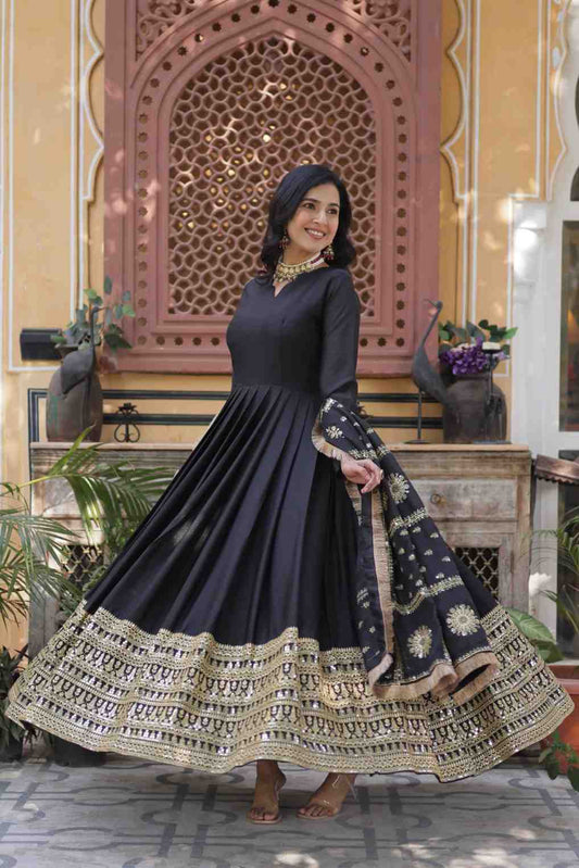 Embroidered Anarkali Dress with Mirror Work Dupatta