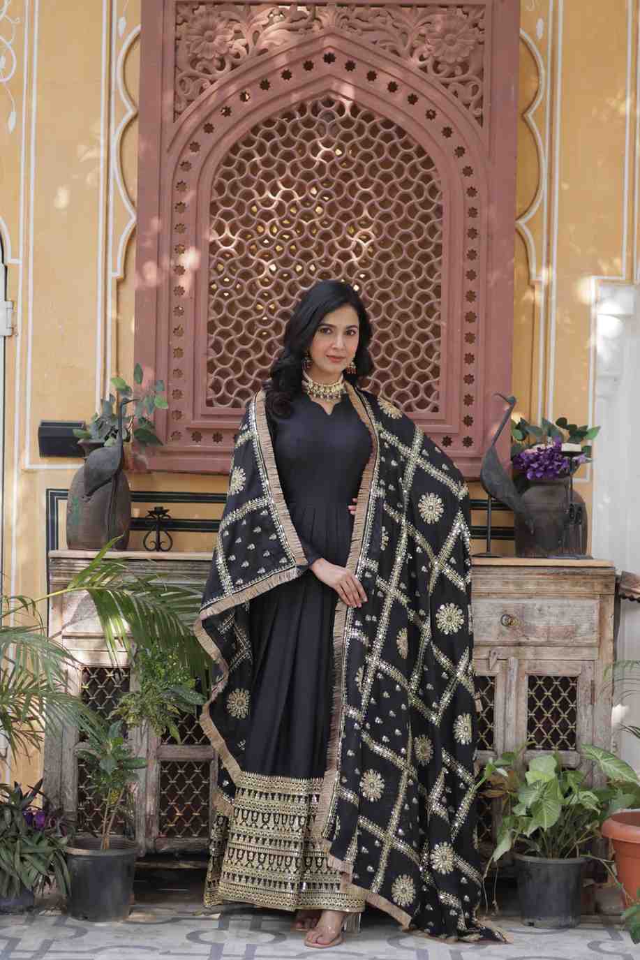 Embroidered Anarkali Dress with Mirror Work Dupatta