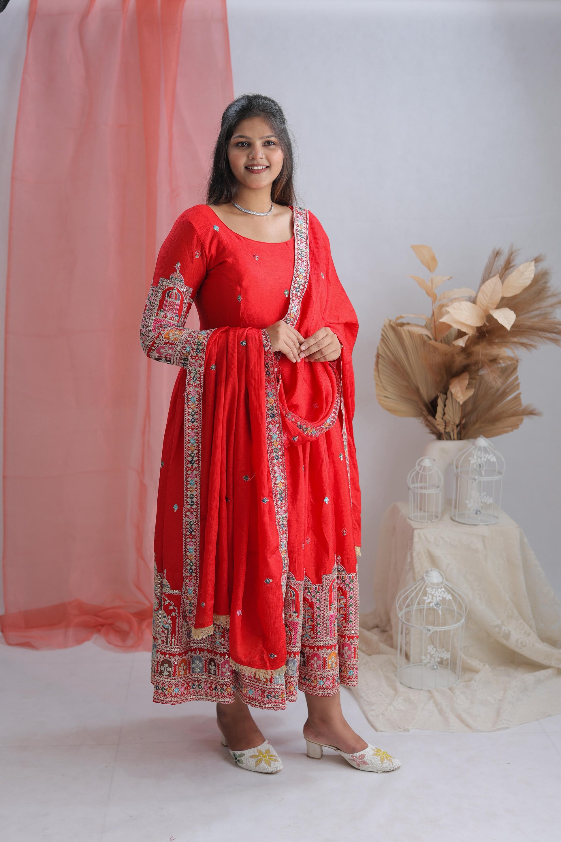 Embroidered Anarkali Gown Set with Dupatta for Festive Wear