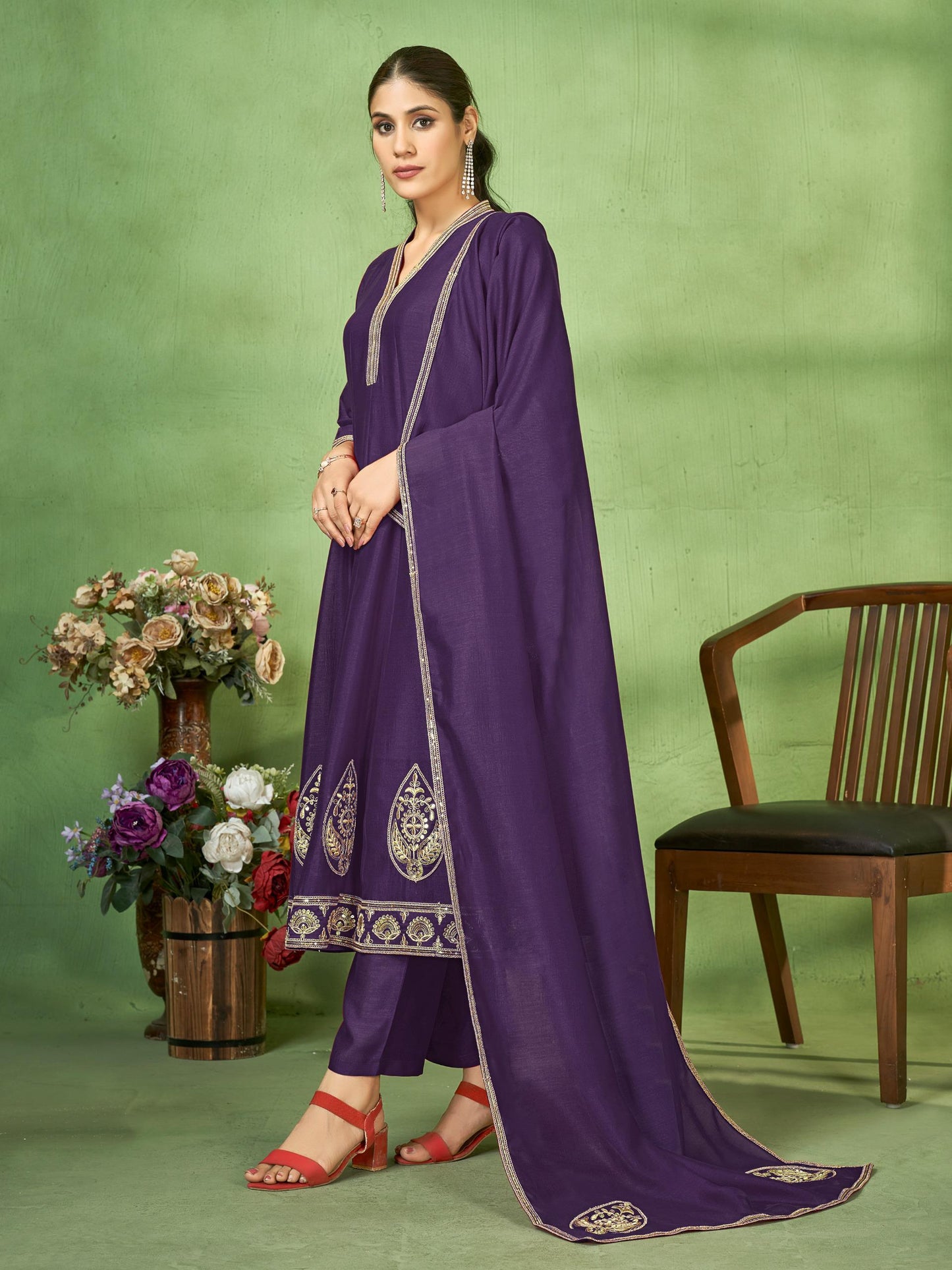 Embroidered Anarkali Suit Set with Dupatta and Bottom