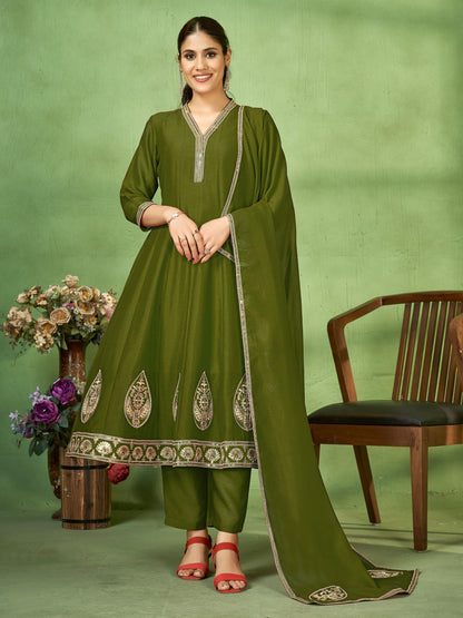 Embroidered Anarkali Suit Set with Dupatta and Bottom
