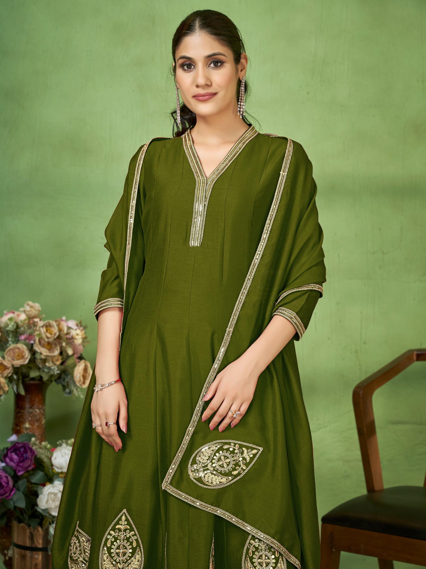 Embroidered Anarkali Suit Set with Dupatta and Bottom