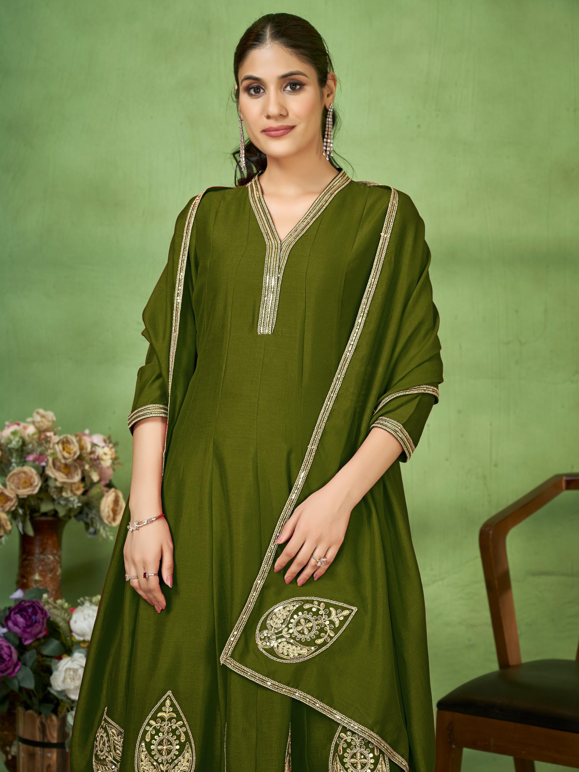 Embroidered Anarkali Suit Set with Dupatta and Bottom