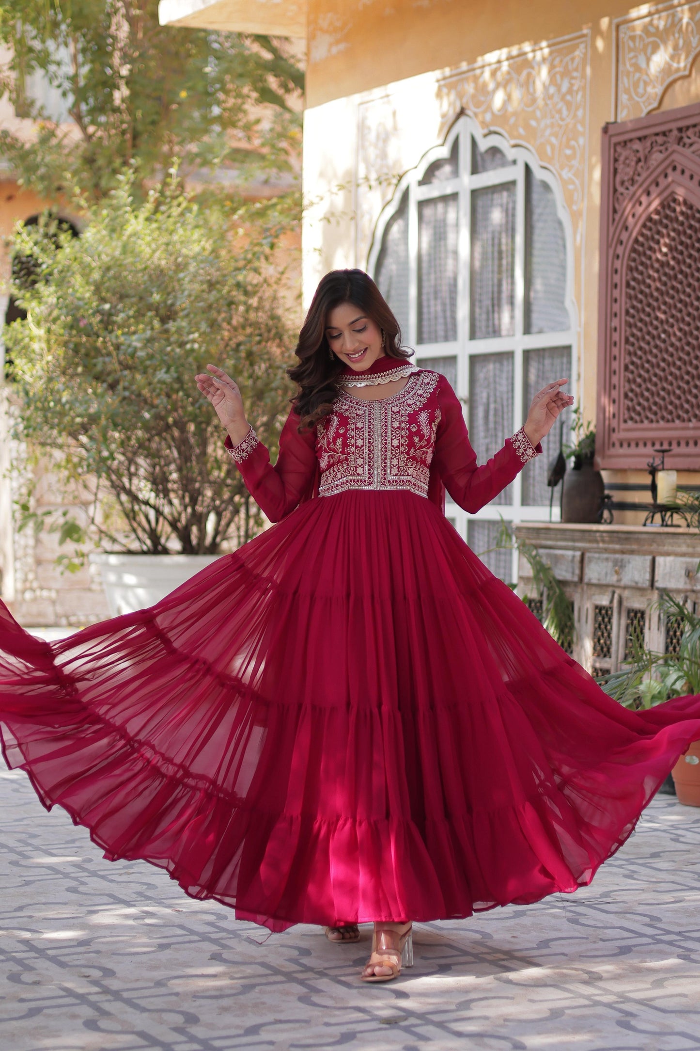 Embroidered Georgette Gown with Dupatta for Festive Wear