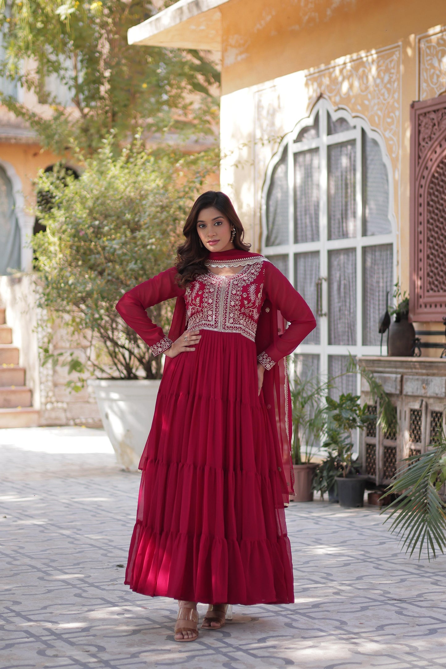 Embroidered Georgette Gown with Dupatta for Festive Wear