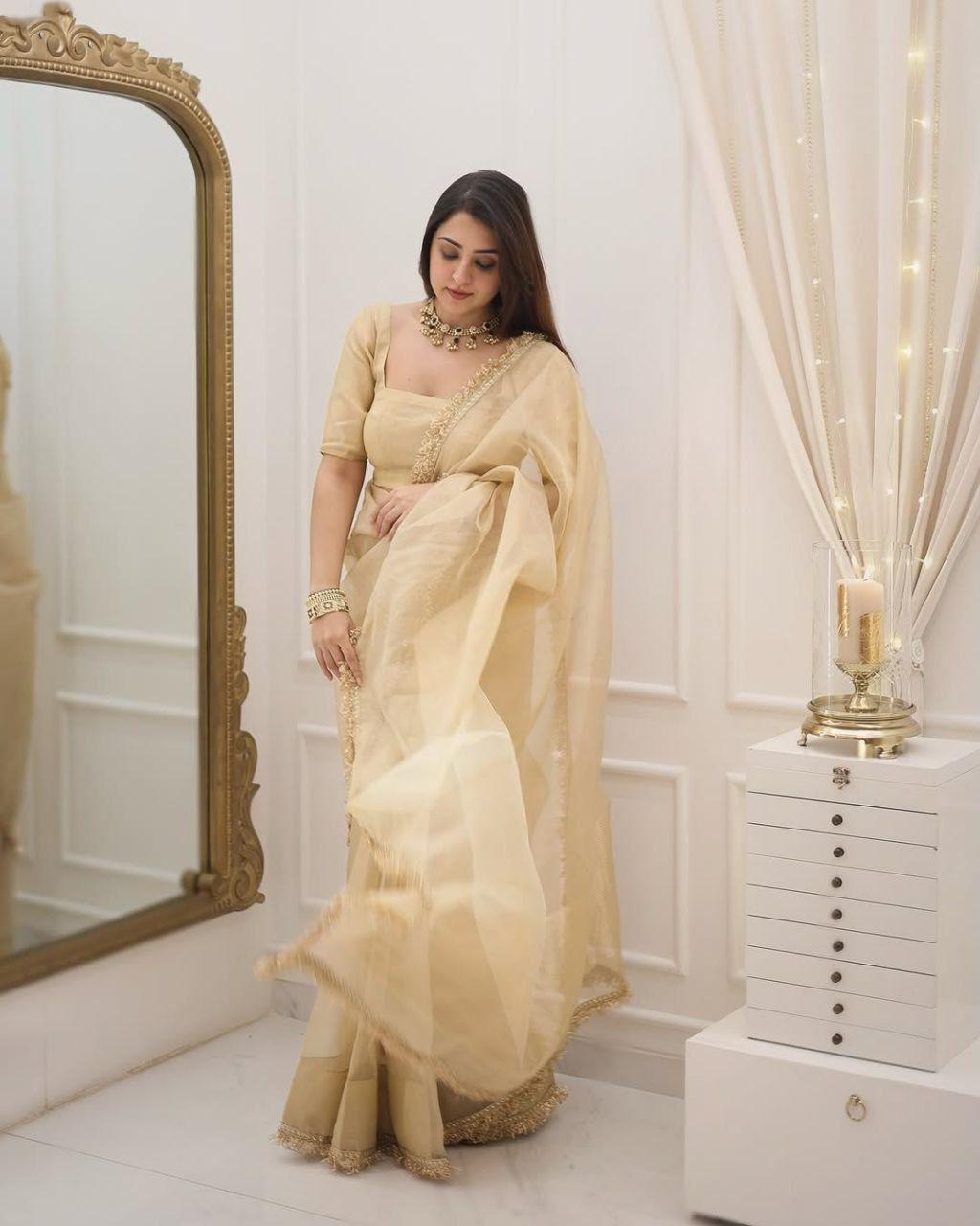 Embroidered Golden Saree for Women