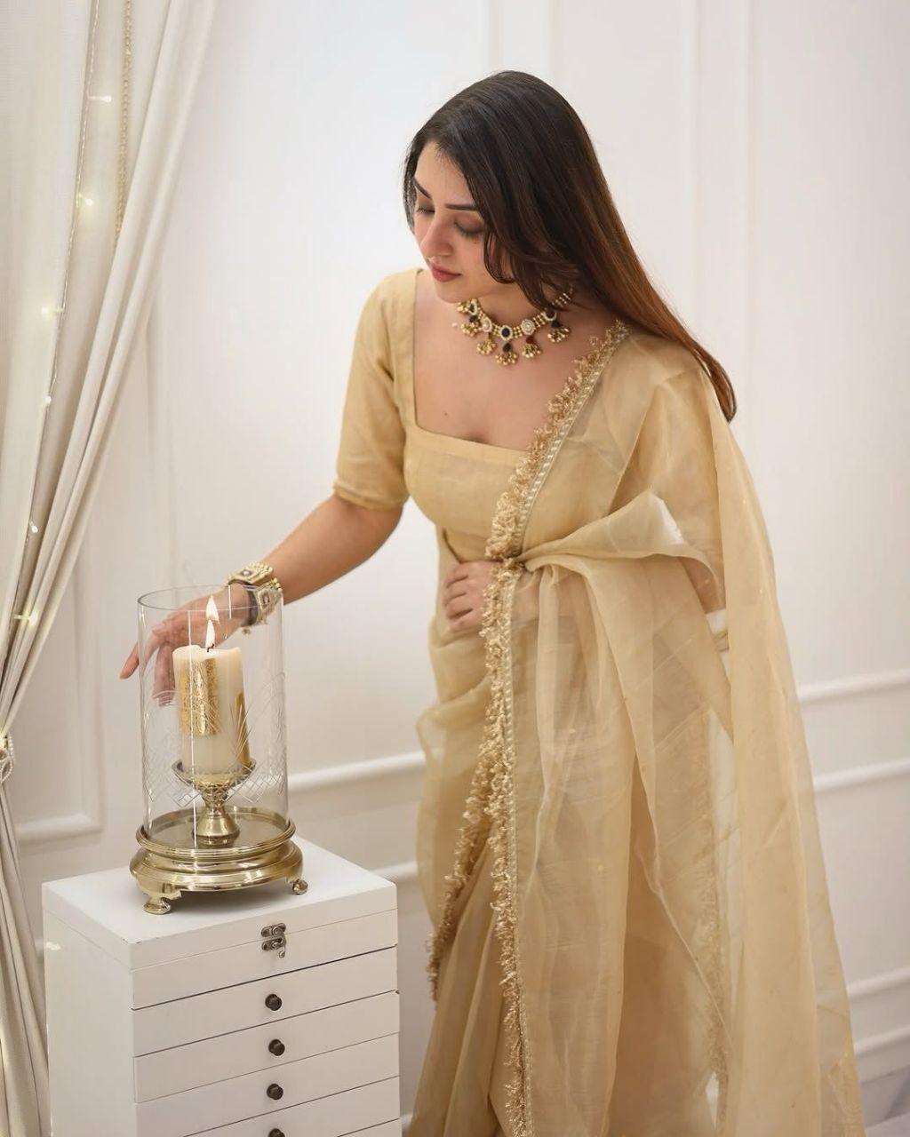 Embroidered Golden Saree for Women