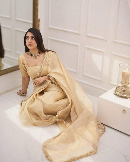 Embroidered Golden Saree for Women