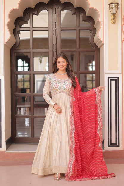 Embroidered Gown with Multicolor Dupatta for Women