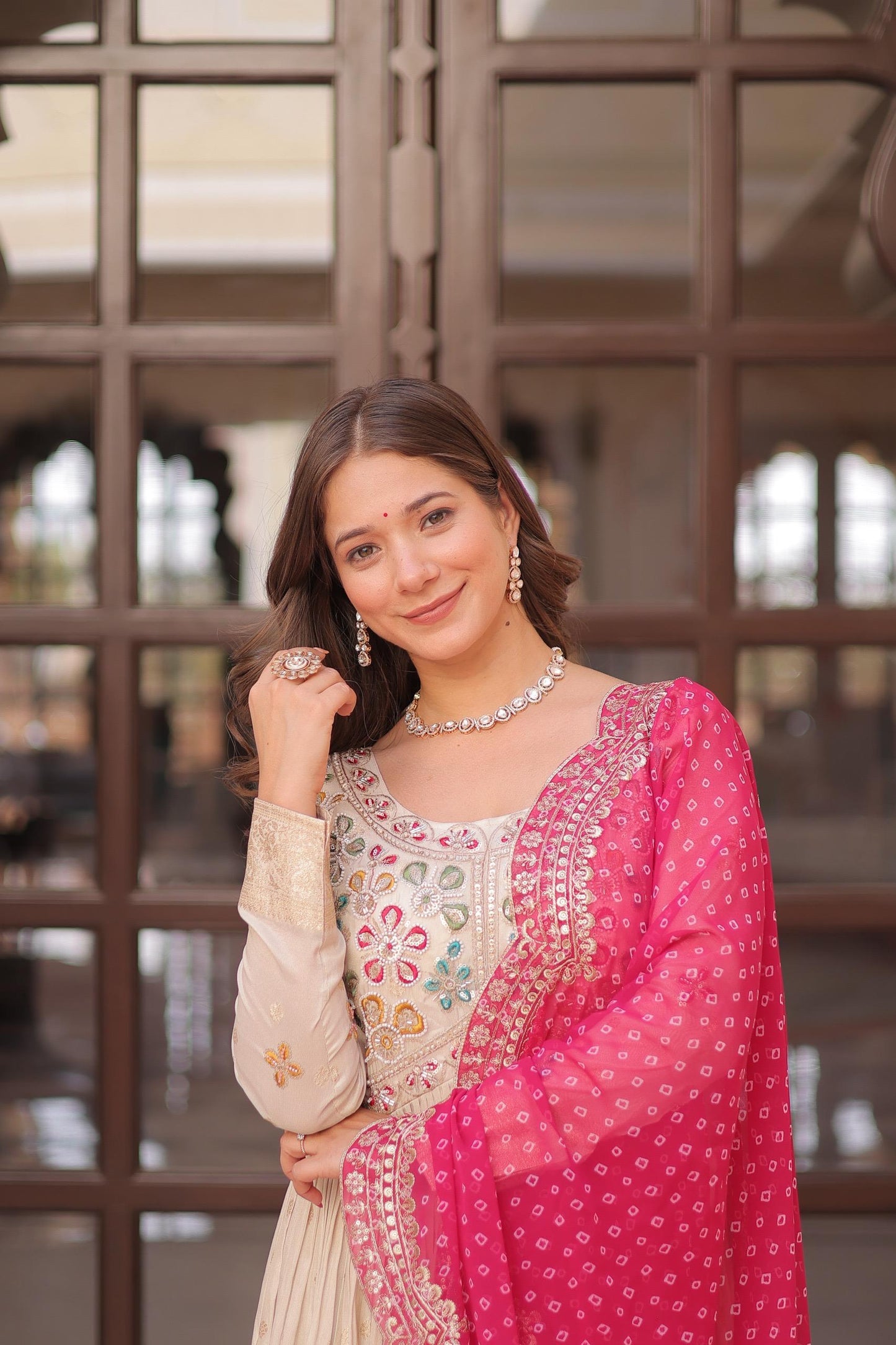 Embroidered Gown with Multicolor Dupatta for Women