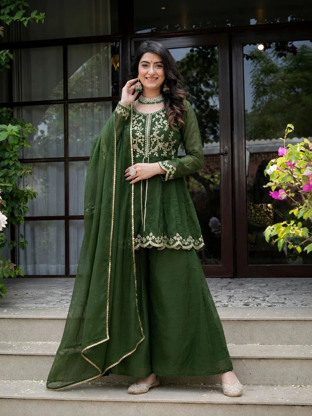 Embroidered Green Palazzo Set