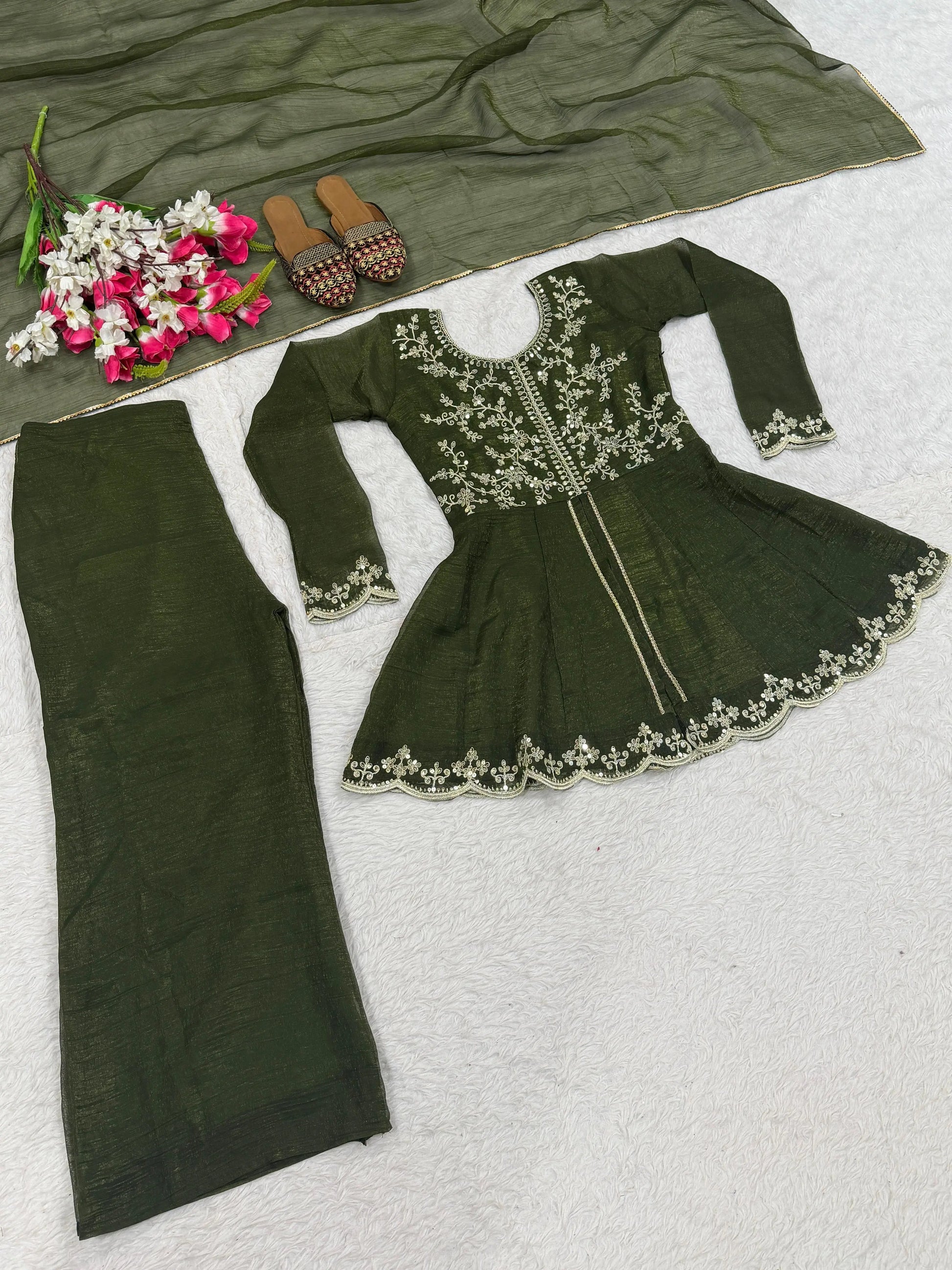 Embroidered Green Palazzo Set