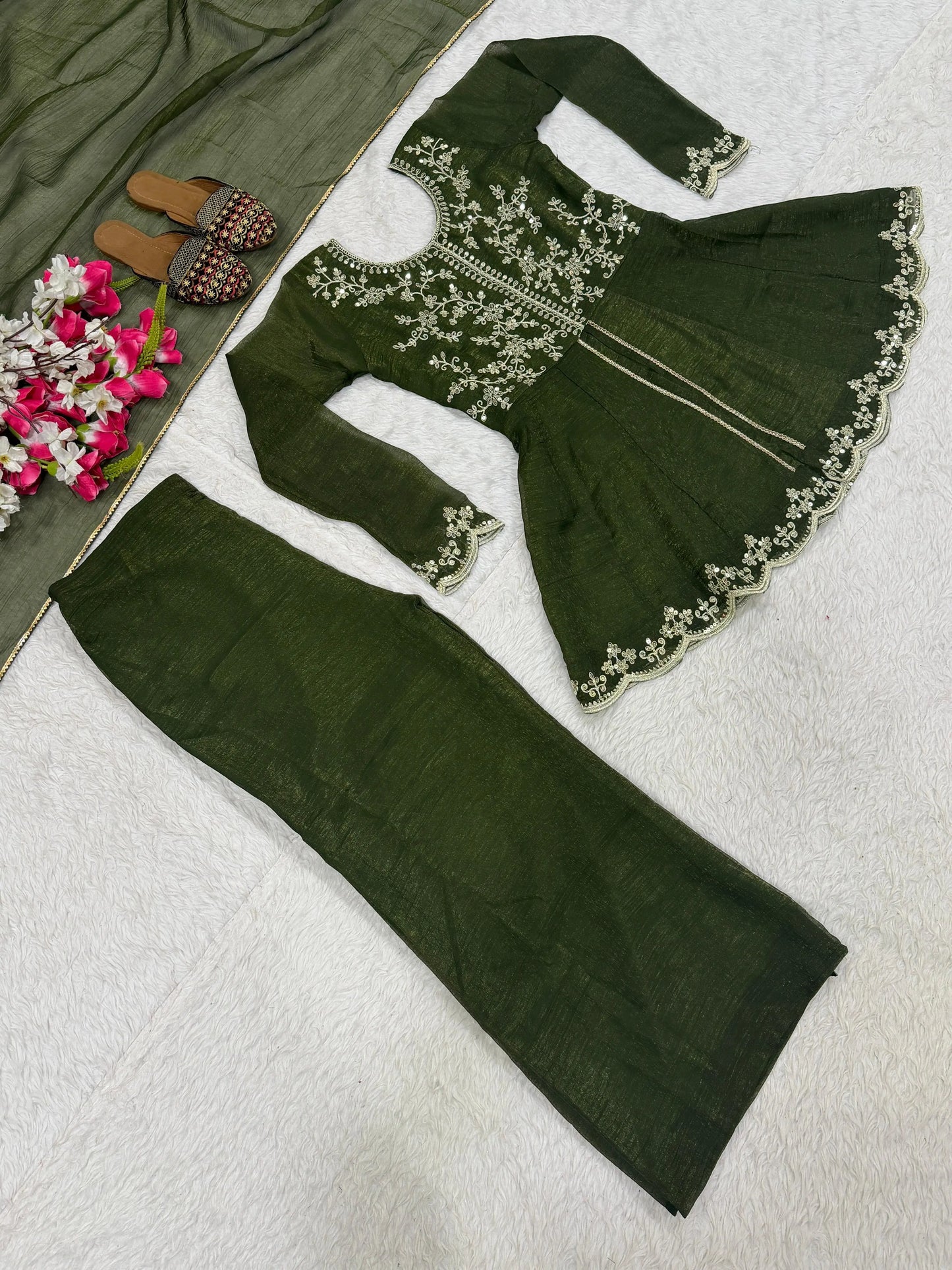 Embroidered Green Palazzo Set