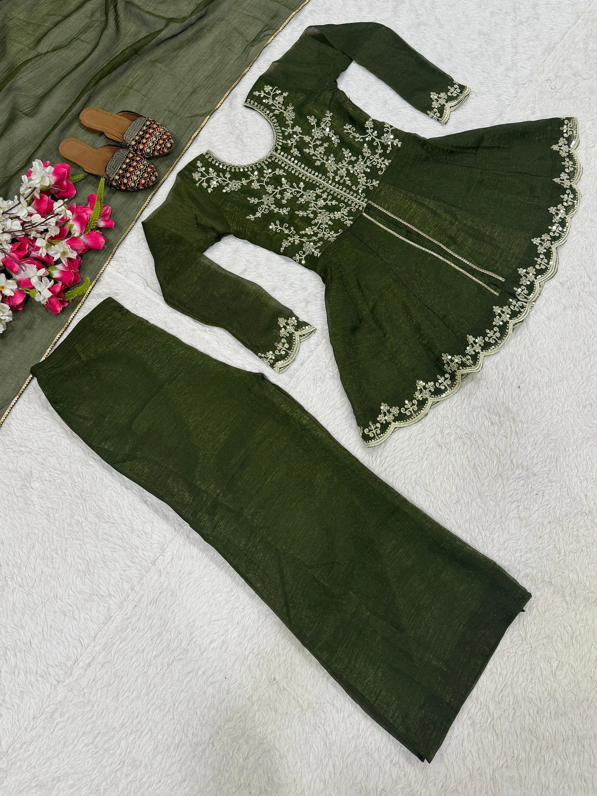Embroidered Green Palazzo Set