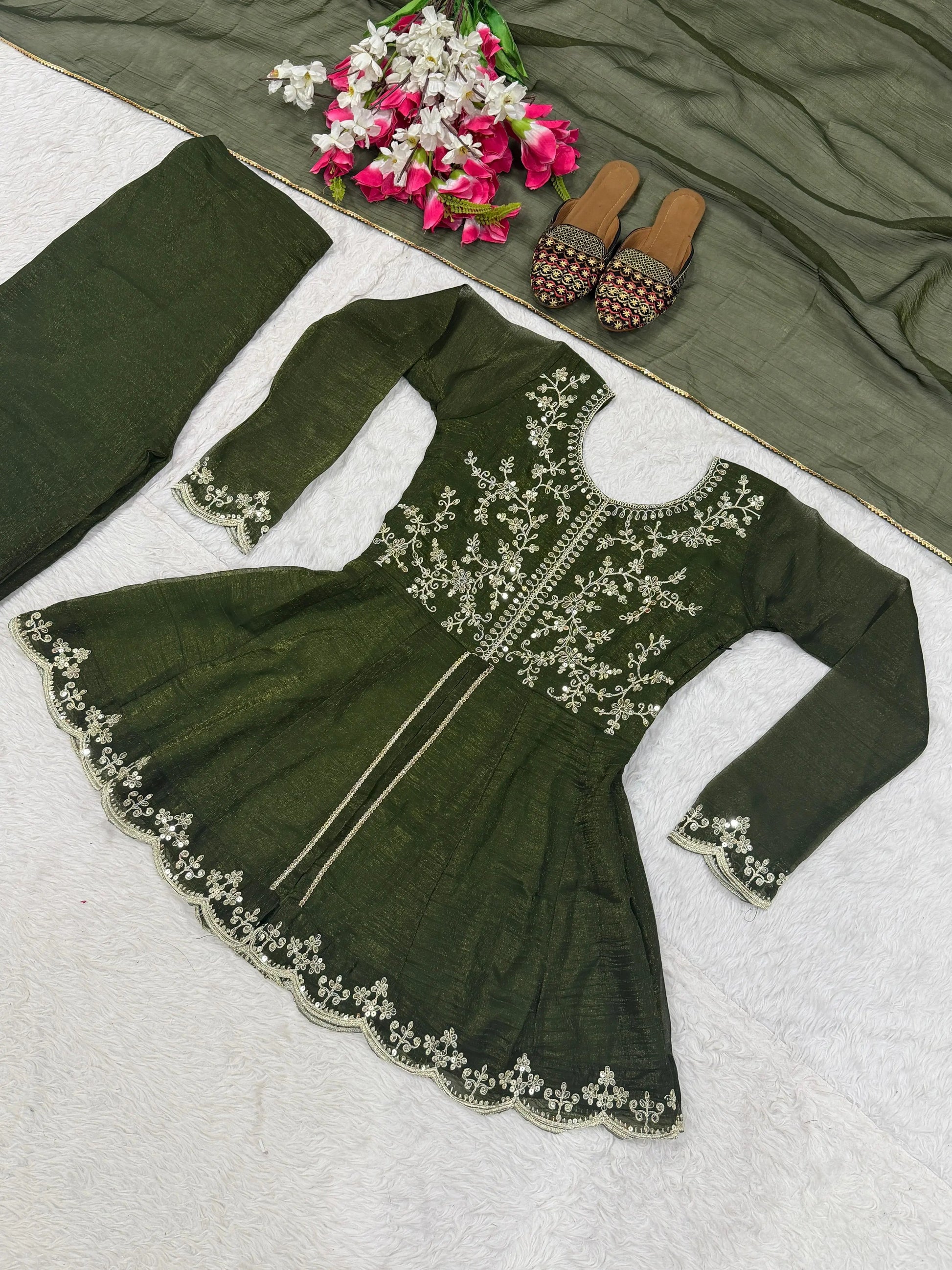 Embroidered Green Palazzo Set