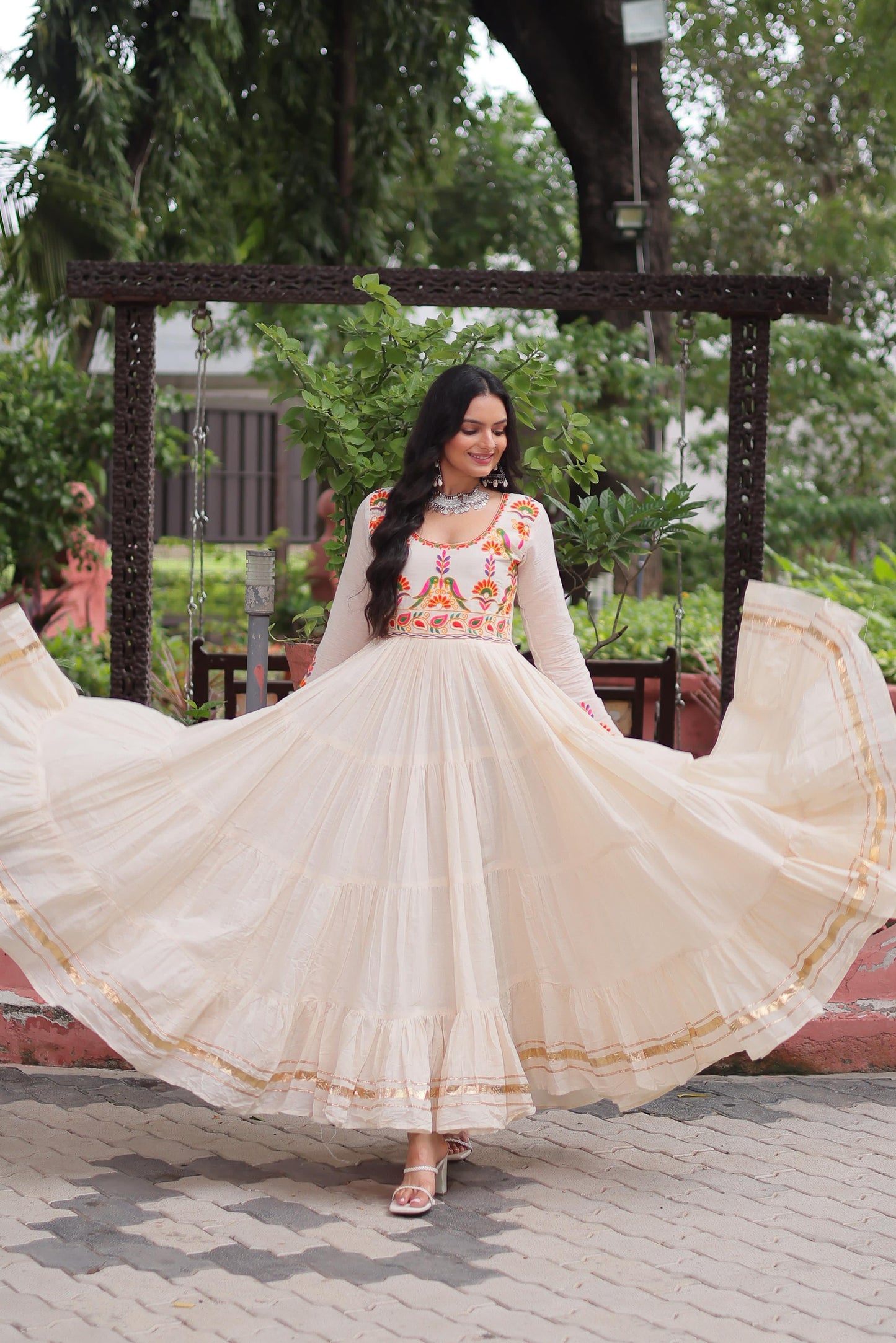 Embroidered Kora Cotton Gown with Gota Patti Work