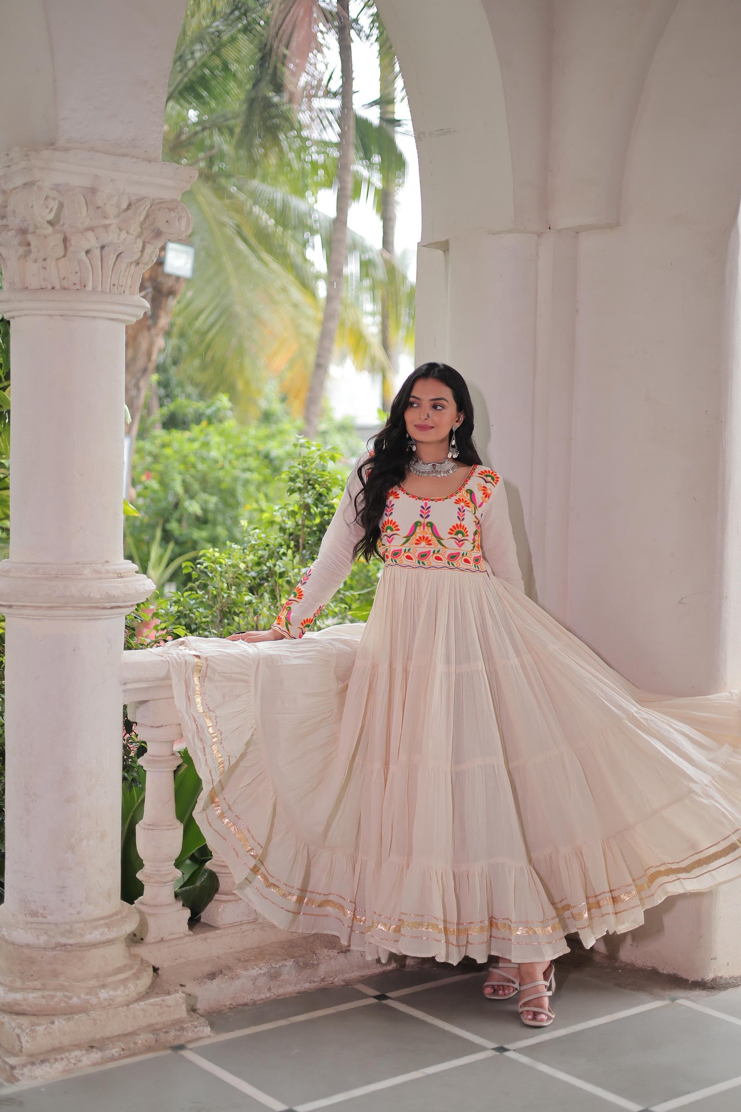 Embroidered Kora Cotton Gown with Gota Patti Work