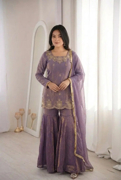 Embroidered Kurta Sharara Dupatta Set