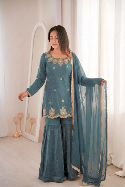 Embroidered Kurta Sharara Dupatta Set