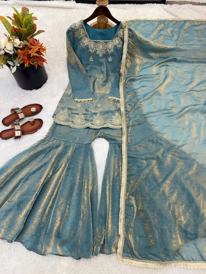 Embroidered Kurta Sharara Dupatta Set