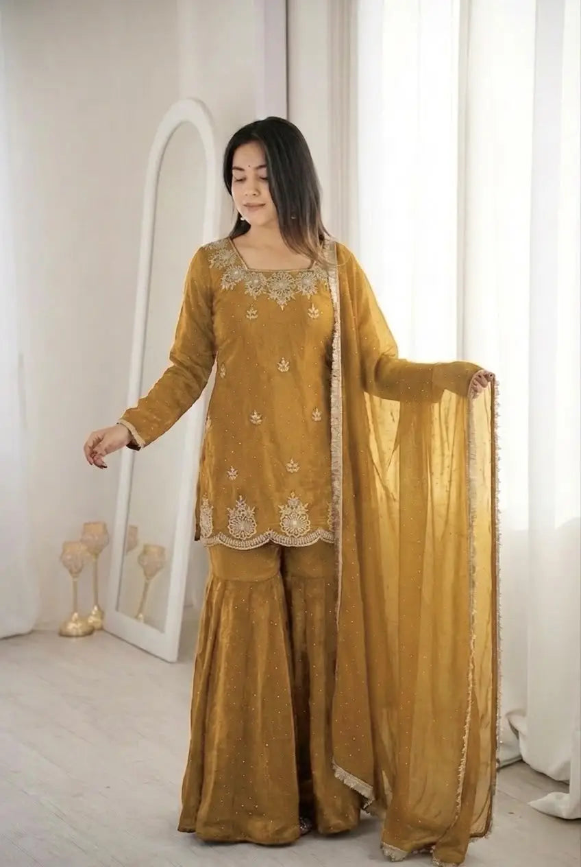 Embroidered Kurta Sharara Dupatta Set