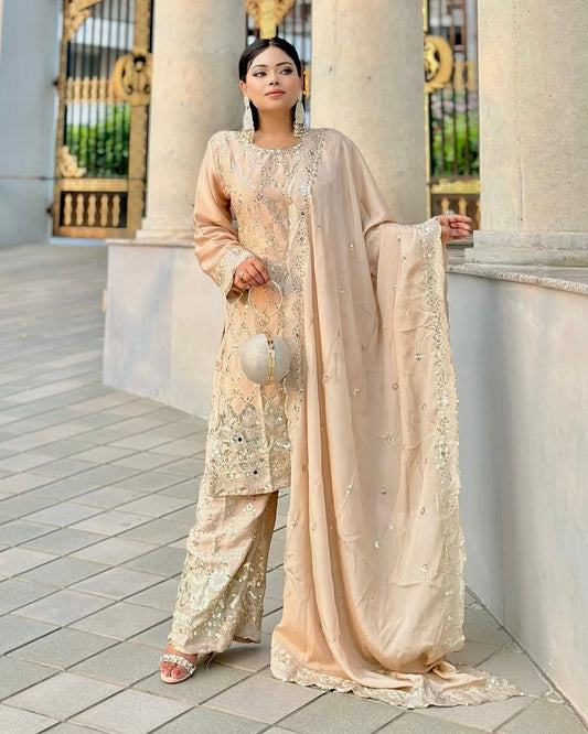 Embroidered Sharara Suit Set with Mirror and Lace Detailing