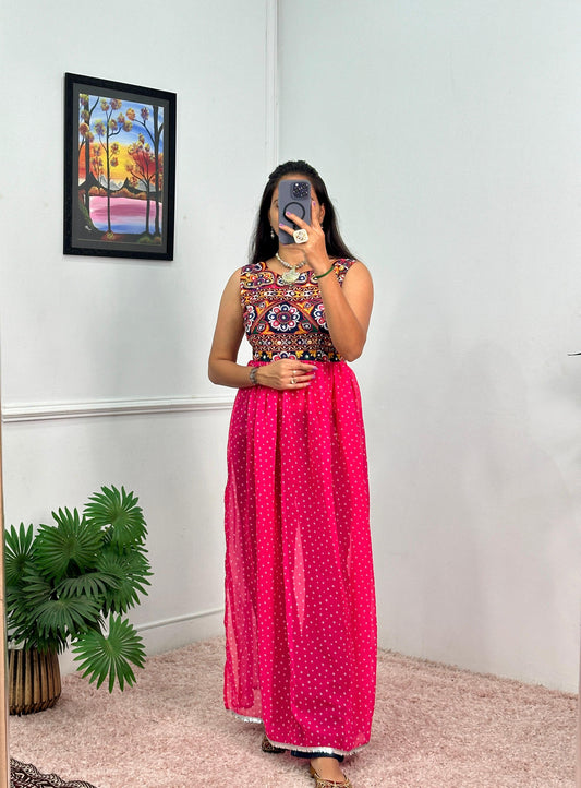 Embroidered Sleeveless Navratri Gown with Polka Dot Flair