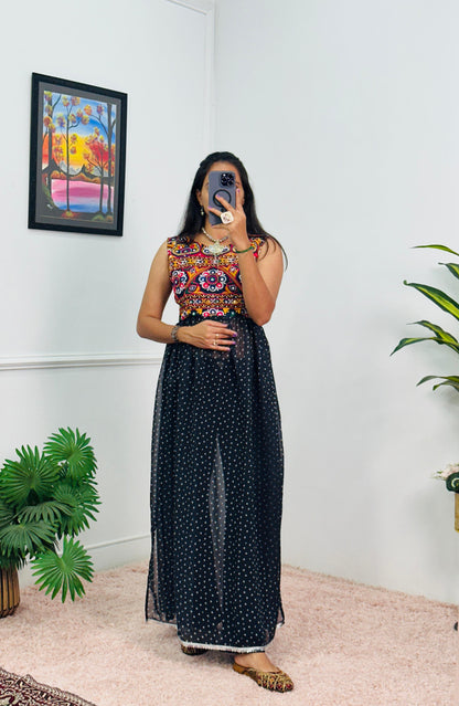 Embroidered Sleeveless Navratri Gown with Polka Dot Flair