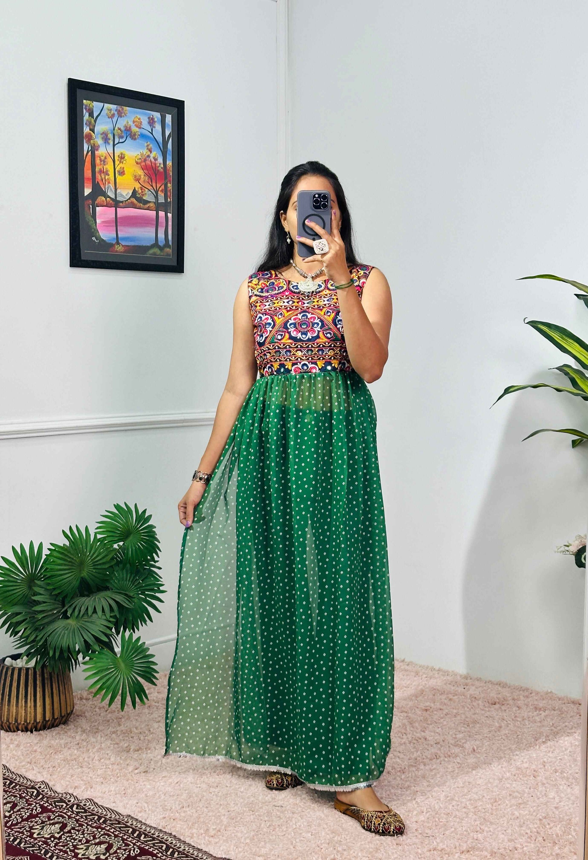 Embroidered Sleeveless Navratri Gown with Polka Dot Flair