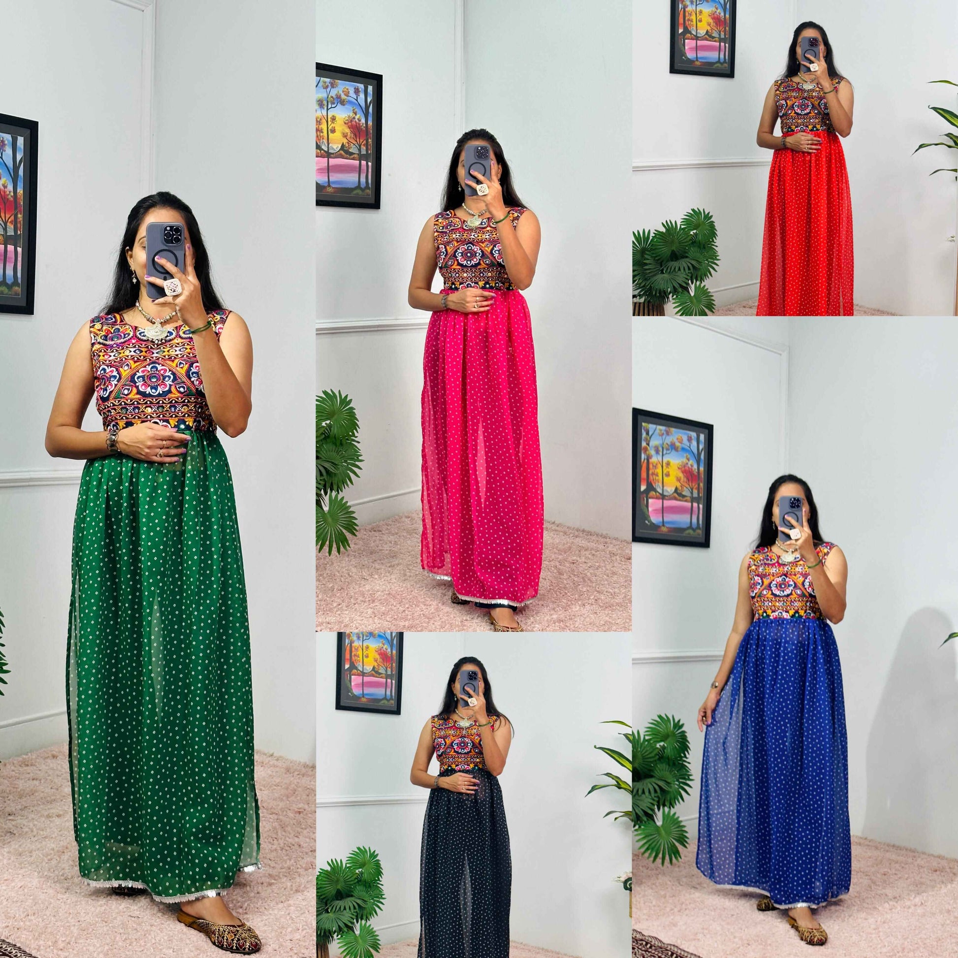 Embroidered Sleeveless Navratri Gown with Polka Dot Flair