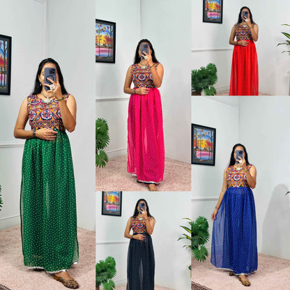Embroidered Sleeveless Navratri Gown with Polka Dot Flair