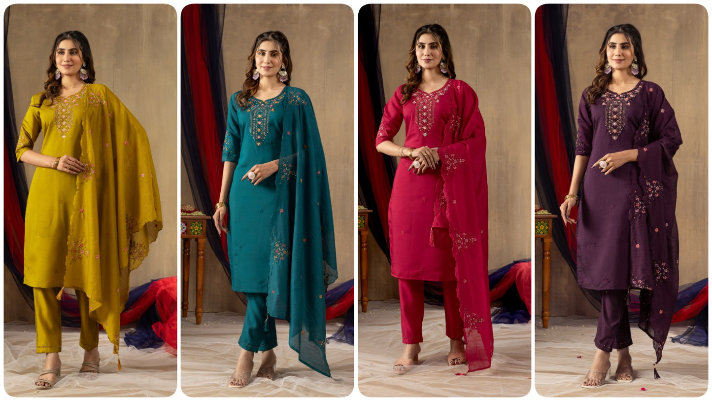 Embroidered Straight Kurti Pant Dupatta Set 