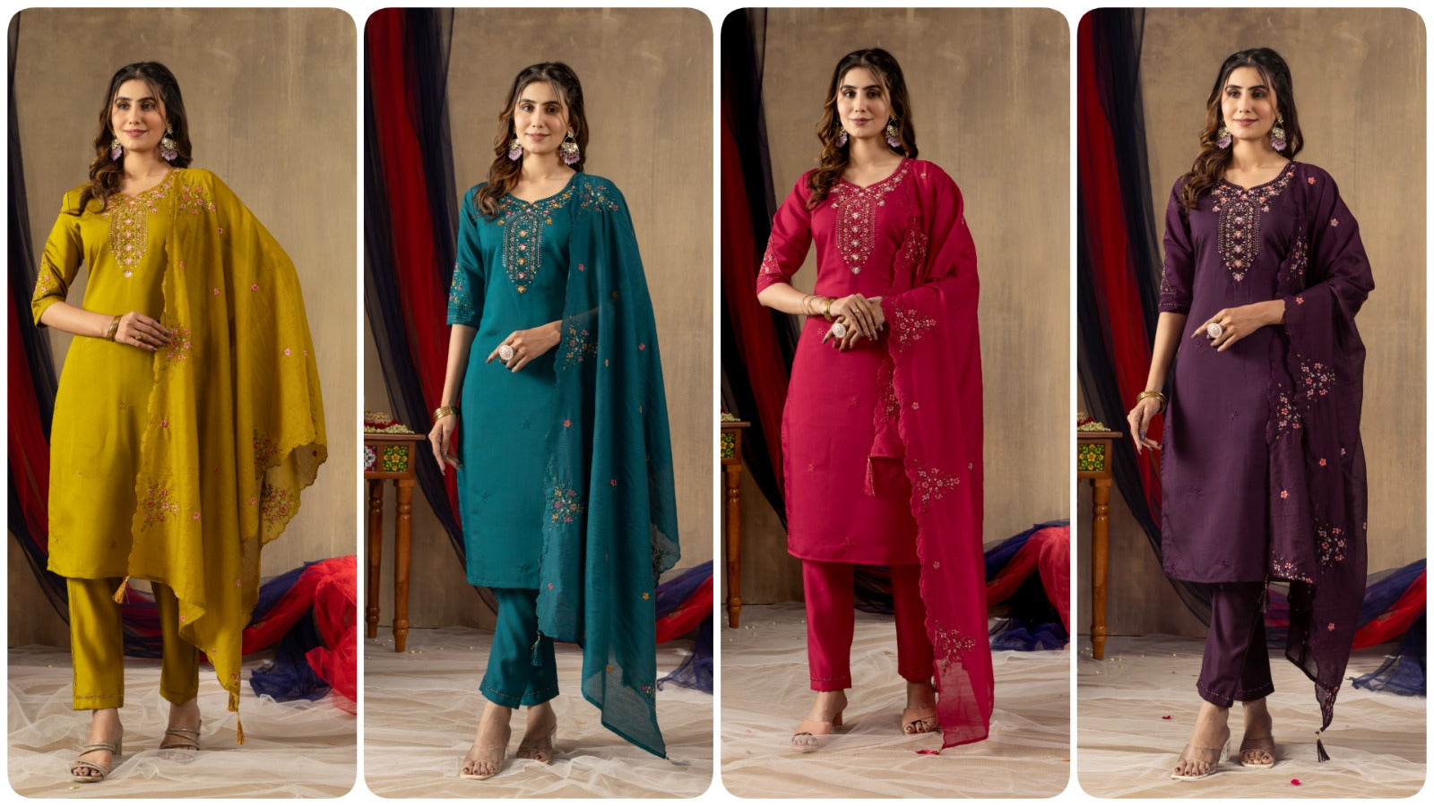 Embroidered Straight Kurti Pant Dupatta Set 