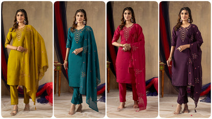 Embroidered Straight Kurti Pant Dupatta Set 