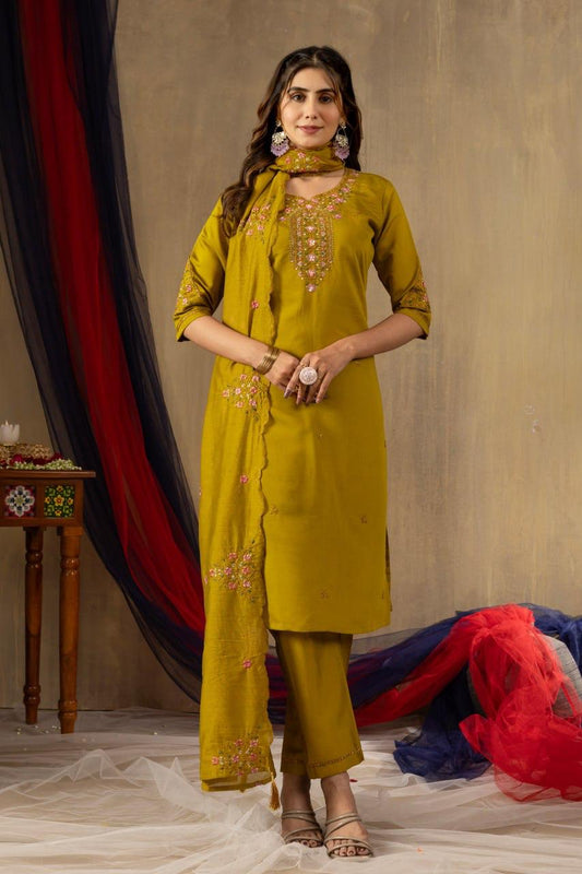 Embroidered Straight Kurti Pant Dupatta Set for women, girls
