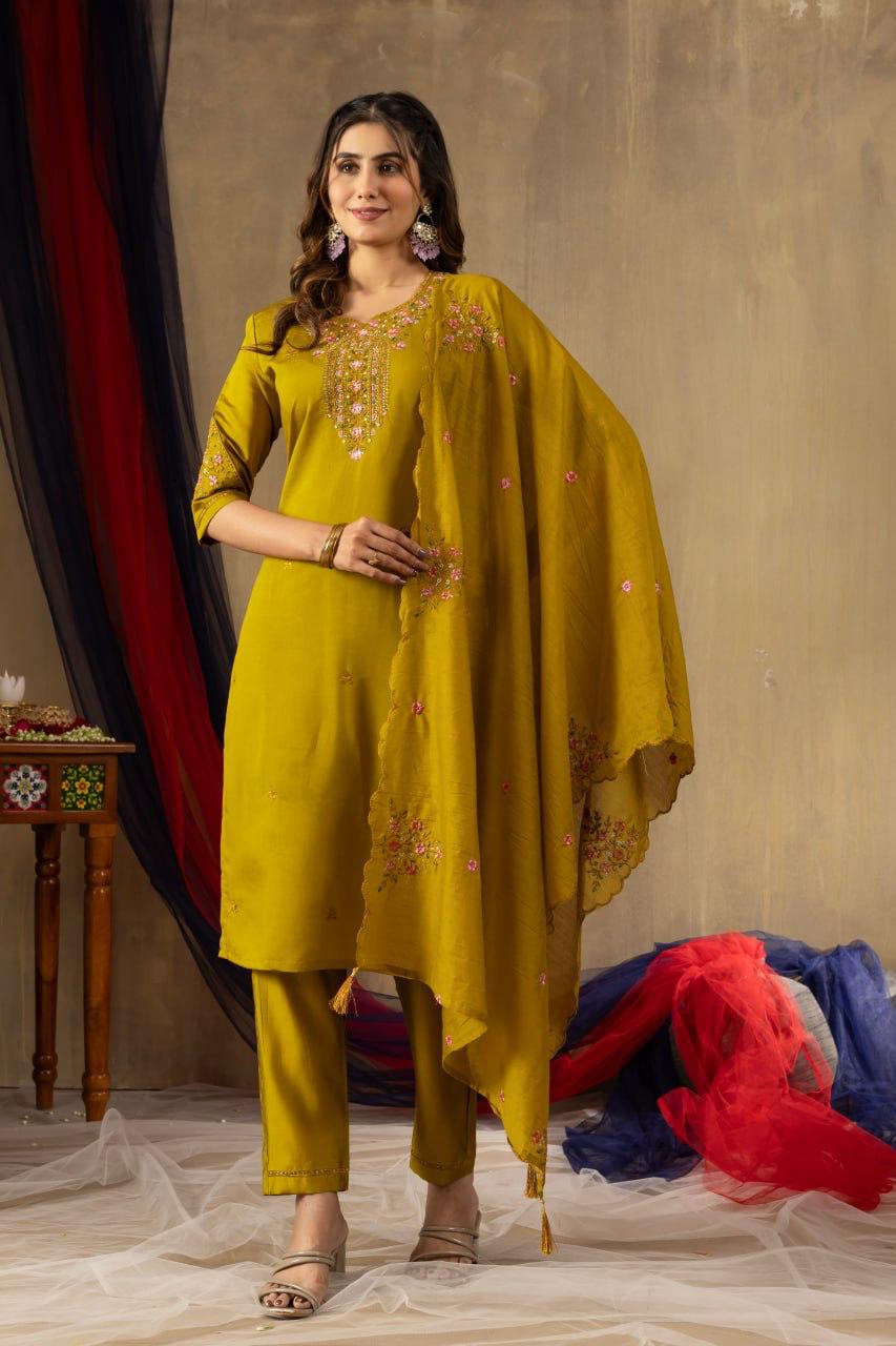 Embroidered Straight Kurti Pant Dupatta Set 