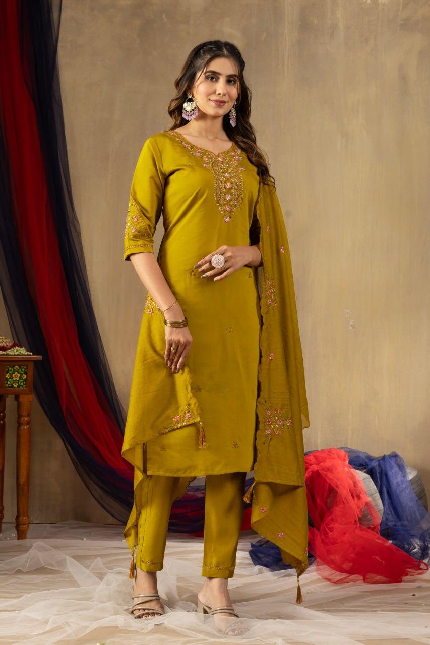 Embroidered Straight Kurti Pant Dupatta Set 